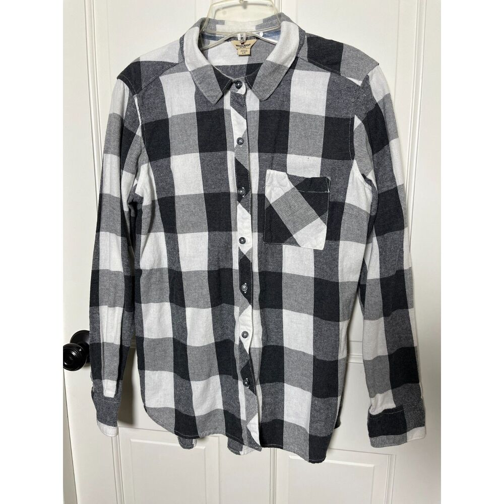 Woolrich Women’s L Buffalo Plaid Flannel Shirt Black White 100% Cotton
